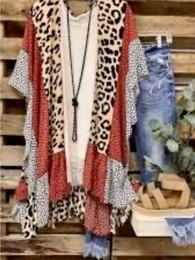 Open-Front Mixed Print Women’s Sweater Cardigan - Rust Leopard